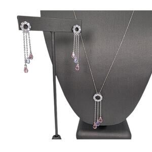 Vintage Sterling Silver CZ Dangle Necklace & Earrings Set Pink & Amethyst Color